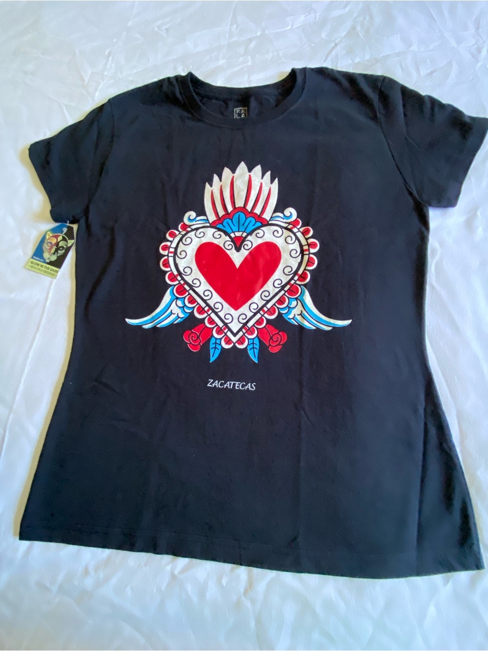 Black Graphic Tee with Red Heart Motif - Zacatecas